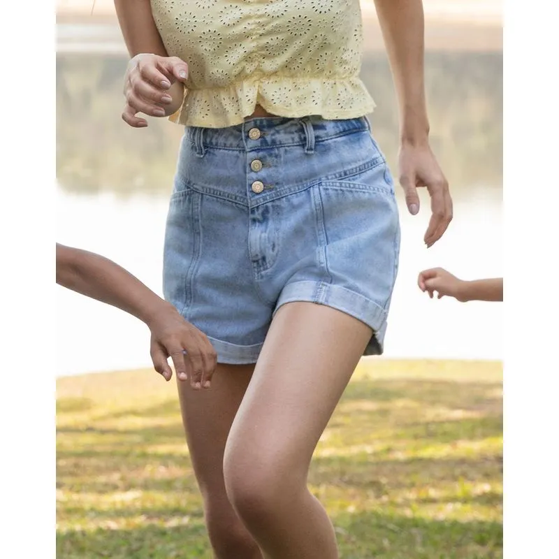 Short Jeans Delavê Com Recortes Azul Claro 46