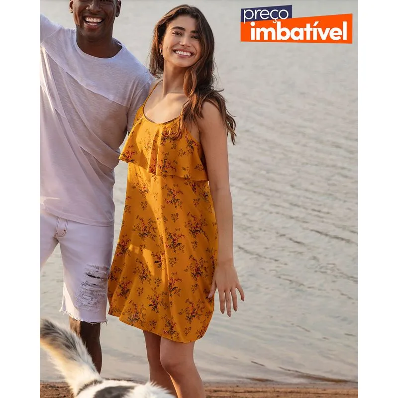 Vestido Alcinha Com Babado Estampa Floral Mostarda P