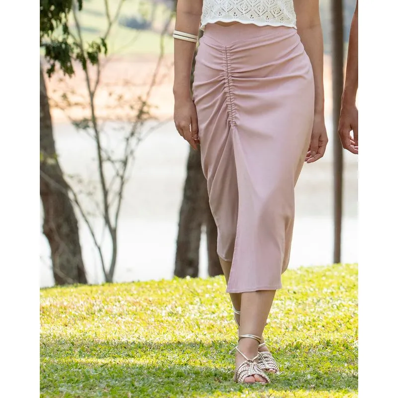 Saia Midi Com Franzido e Fenda Rayon Lisa Rosê P