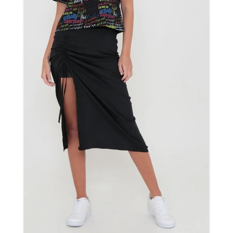 Saia Midi Com Franzido e Fenda Rayon Lisa Preta P