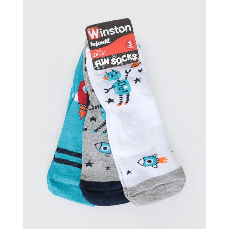 Kit Meia Infantil 3 Peças Space Branco Cinza Azul 28 A 31