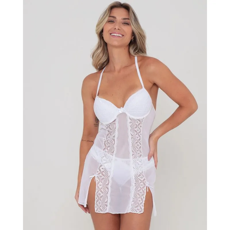 Camisola Tule e Renda Com Bojo Branco 42