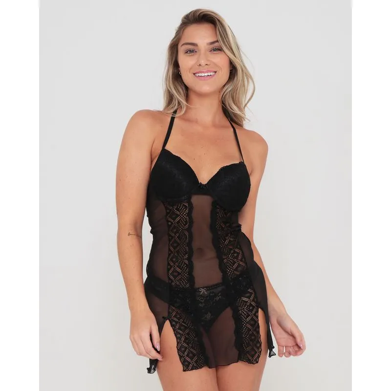 Camisola Tule e Renda Com Bojo Preta 40