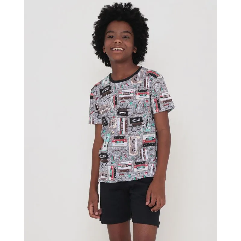 Pijama Juvenil Curto Estampa Fita Cassete Cinza Claro 14
