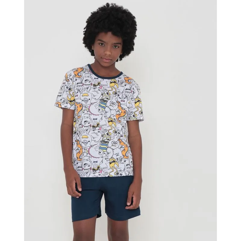 Pijama Juvenil Curto Estampa Monstros Branco 12