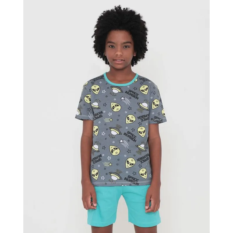 Pijama Juvenil Curto Estampa Space Cinza 10