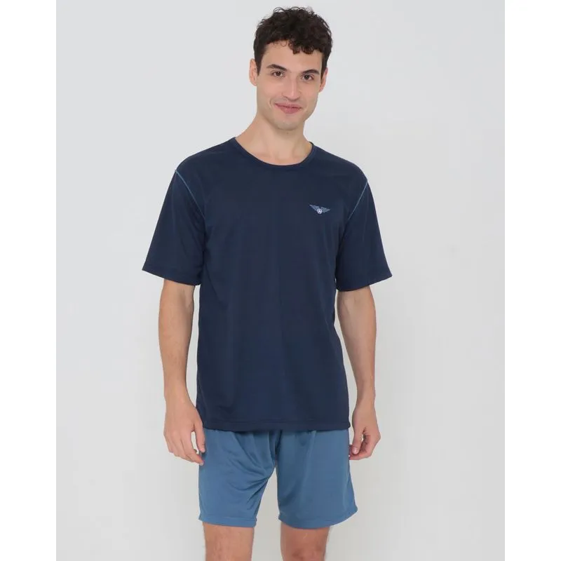 Pijama Masculino Curto Com Viés E Bordado Azul Marinho M