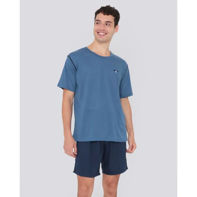 Pijama Masculino Curto Com Viés E Bordado Azul M