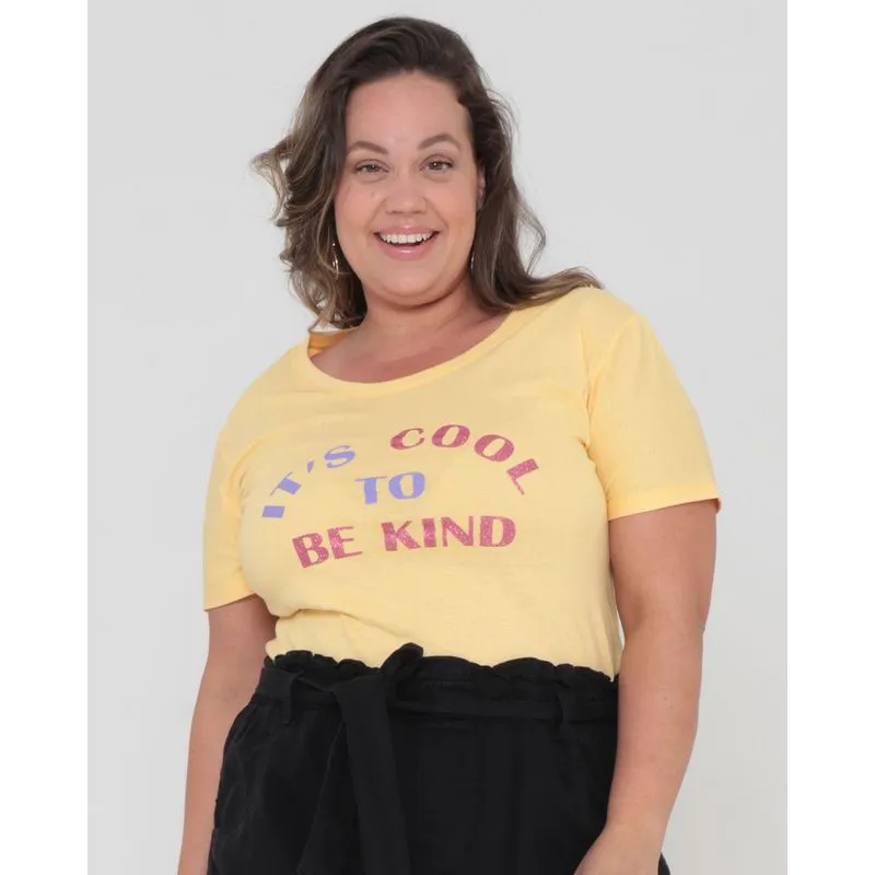 Blusa Plus Size Estampada Com Glitter Amarelo Claro G3