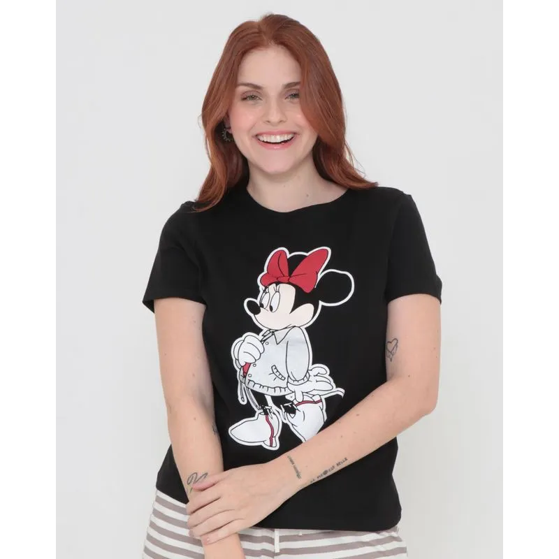 Camiseta Feminina Algodão Disney Minnie Manga Curta Preta GG