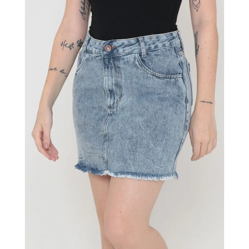 Saia Jeans Curta Barra Desfiada Azul Claro 42