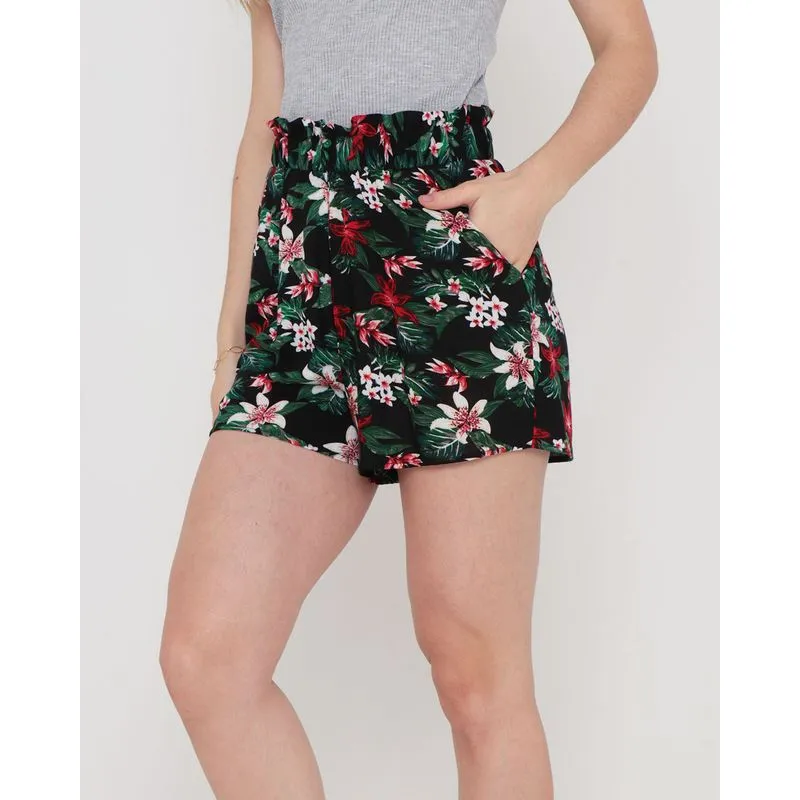 Short Bolsos Estampado Flores Viscose Preto M