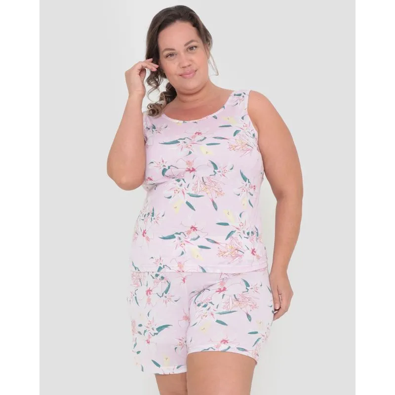 Pijama Curto Plus Size Estampa Floral Rosa Claro G3