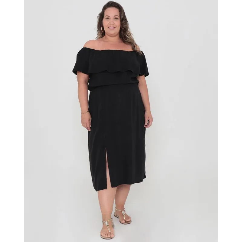 Vestido Plus Size Midi Ciganinha Com Babados Preto G1