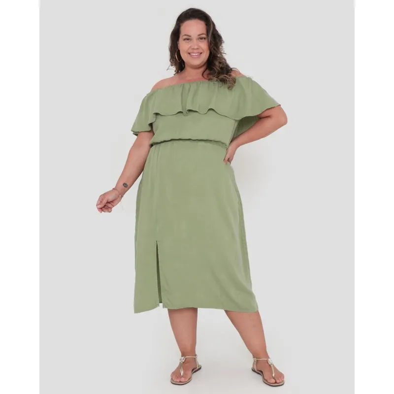 Vestido Plus Size Midi Ciganinha Com Babados Verde Claro G3