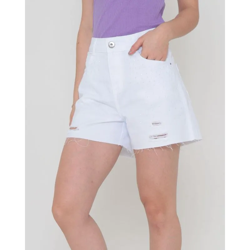 Short Feminino Sarja Destroyed Com Strass Branco 46