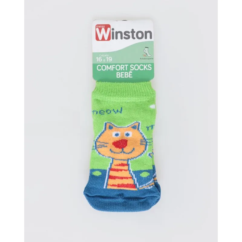 Meia Bebê Antiderrapante Gatinho Verde Claro 16 A 19