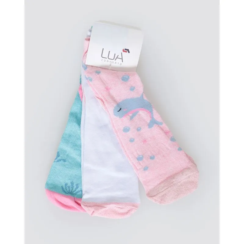 Kit De Meia Infantil 3 Pares Cano Curto Estampada Branco Azul Rosa 26 A 29