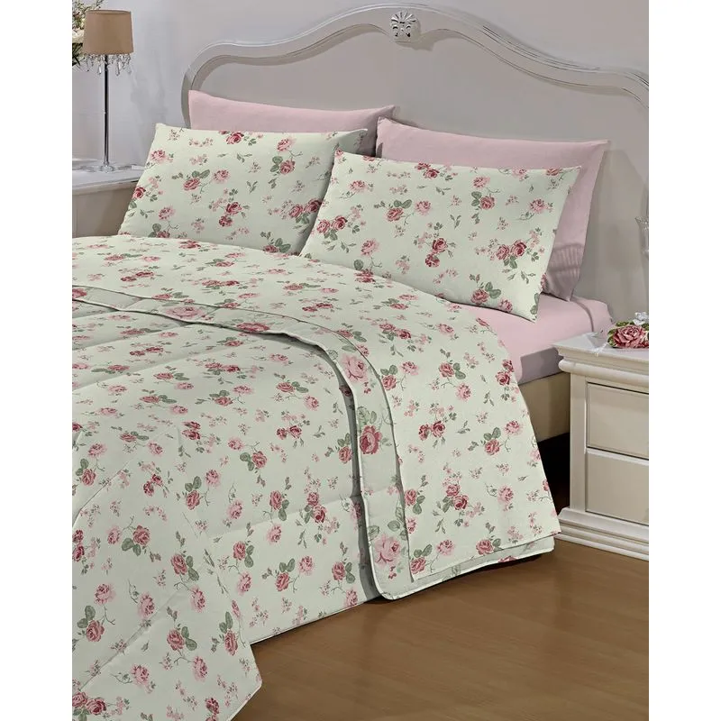 Jogo de Cama Casal Camesa Microfibra 150 fios Verde Floral UN