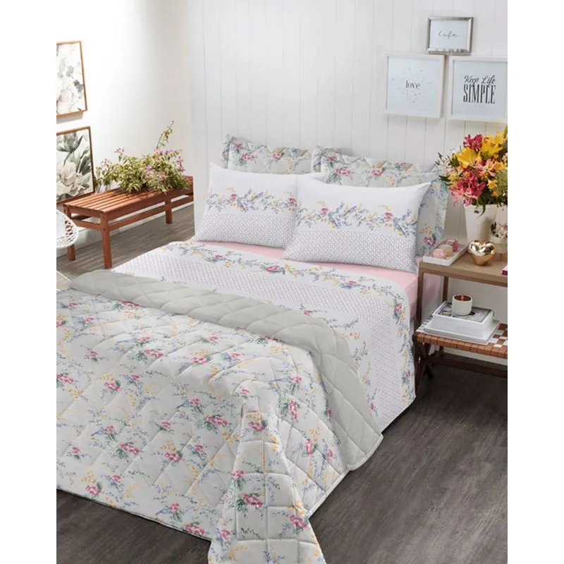 Jogo de Cama King Algodão Santista Floral Rosa Claro UN