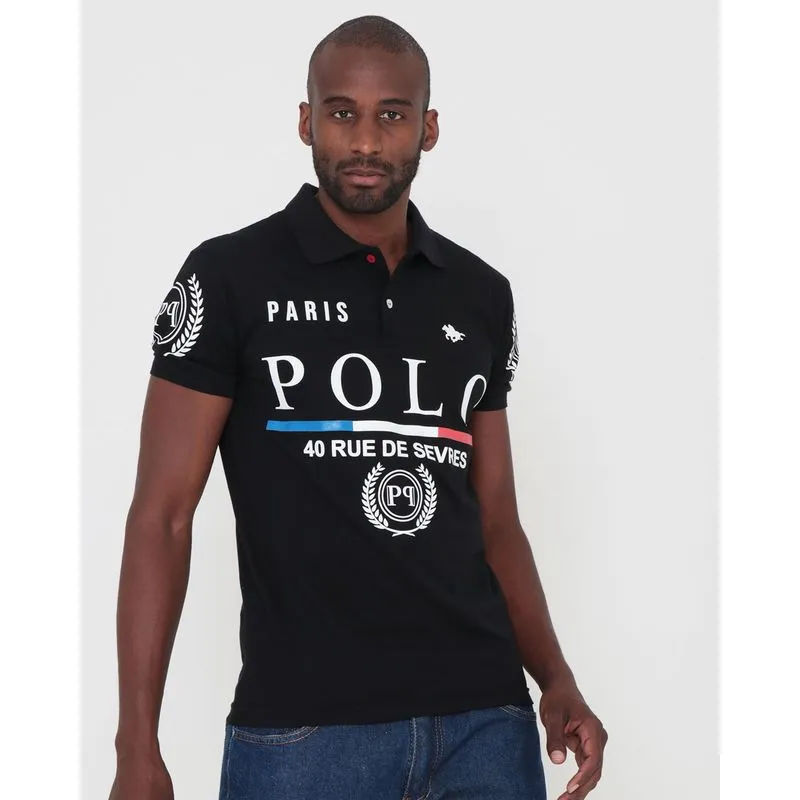 Polo Masculina Malha Estampas Preta GG