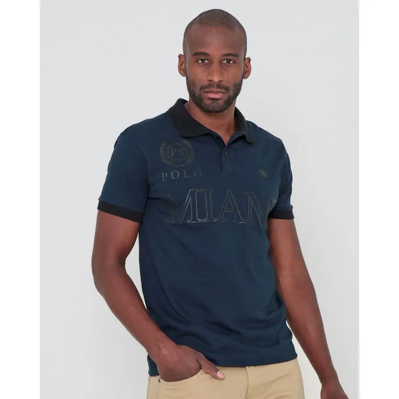 Polo Masculina Estampa Miami Texturizada Azul Marinho P