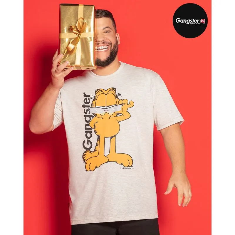 Camiseta Plus Size Estampa Garfield Gangster Cinza Claro G4
