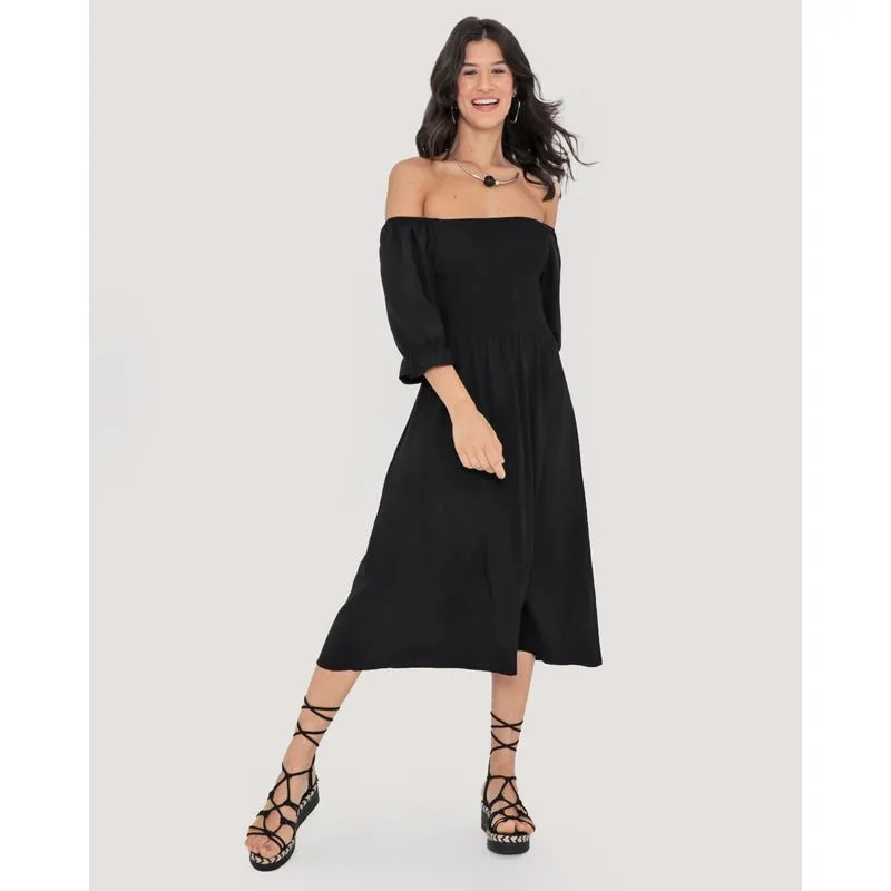 Vestido Midi Decote Quadrado Lastex Preto G