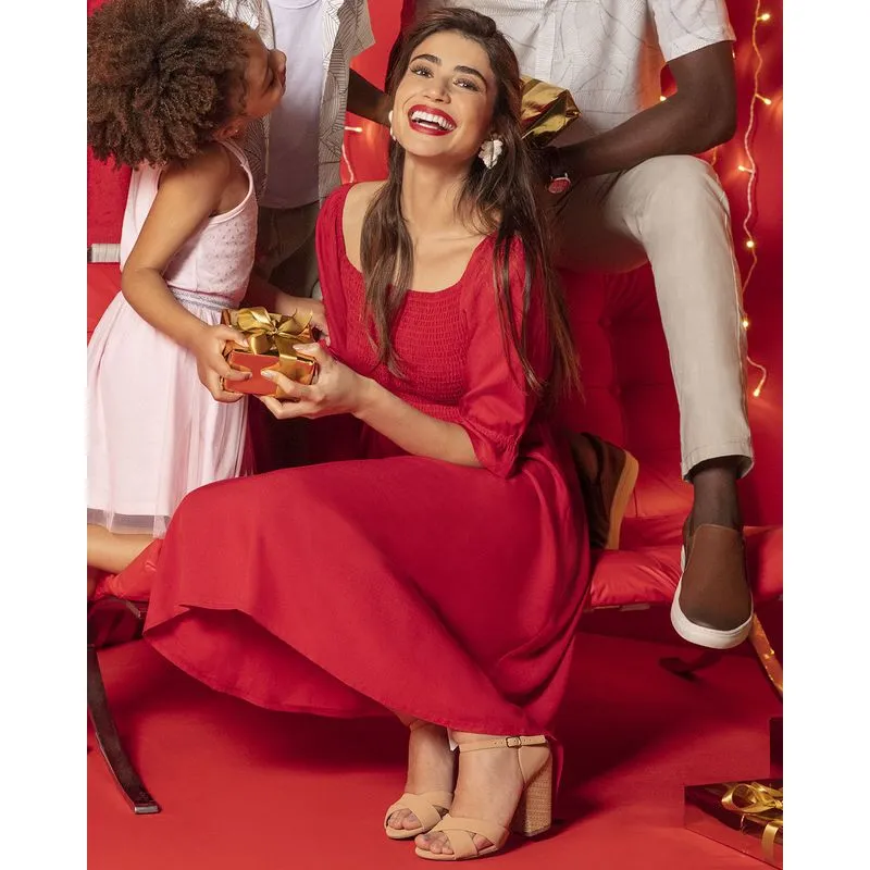 Vestido Midi Decote Quadrado Lastex Vermelho G