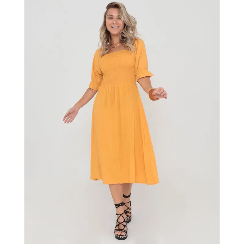 Vestido Midi Decote Quadrado Lastex Mostarda P