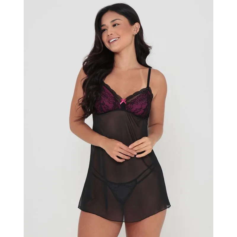 Camisola Tule Alcinha Renda Preta P