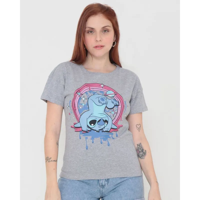Blusa Manga Curta Stitch Disney Cinza Claro M