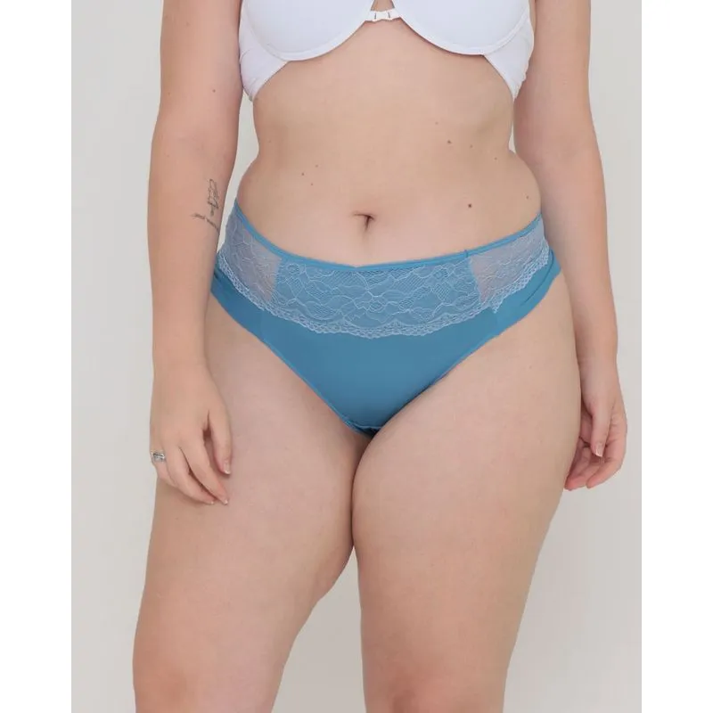 Calcinha Plus Size Fio Microfibra Renda Azul GG