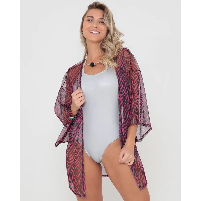 Saída De Praia Kimono Tule Animal Print Rosa Escuro M