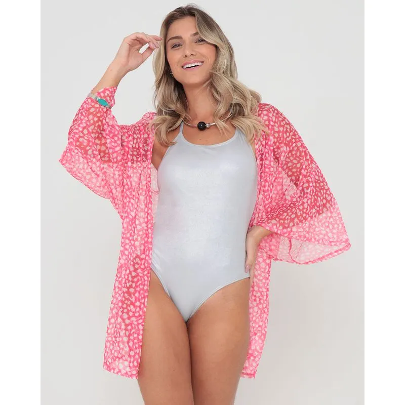 Saída De Praia Kimono Tule Animal Print Rosa G