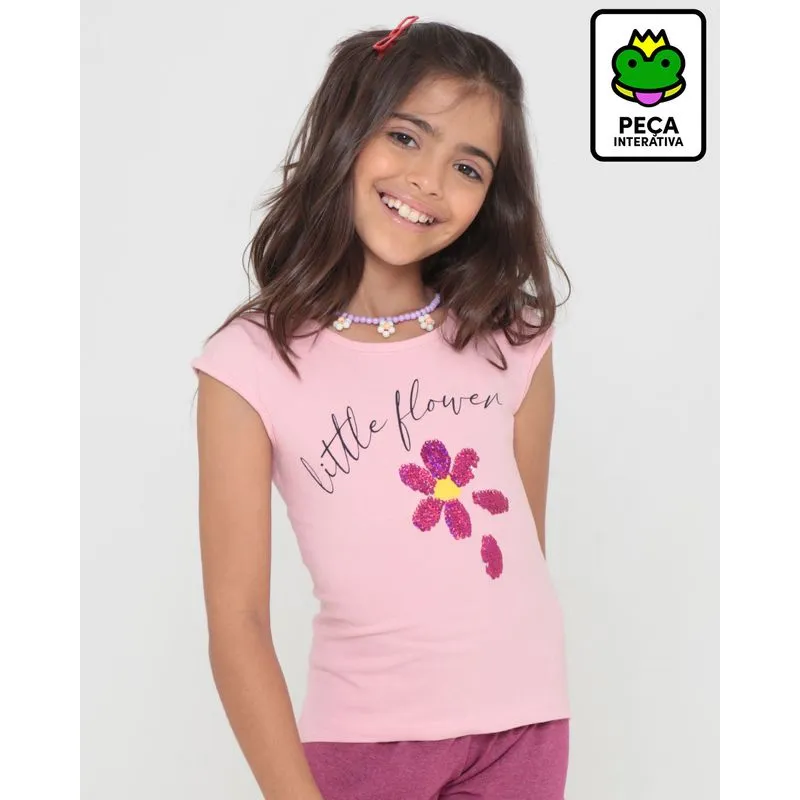 Blusa Infantil Flor Com Paetê Reversível Rosa Claro 6