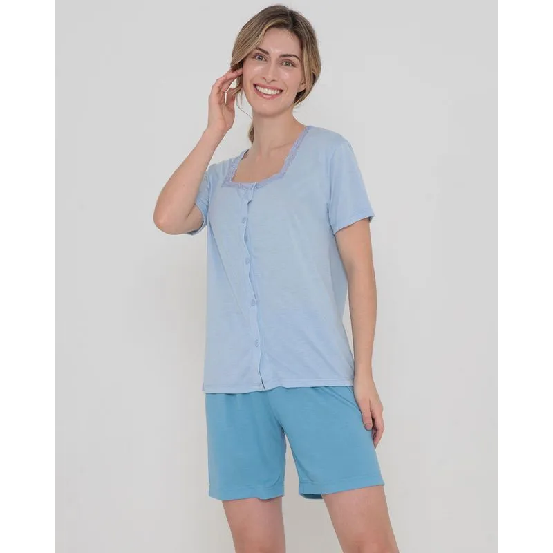 Pijama Feminino Curto Decote Renda Azul Claro G