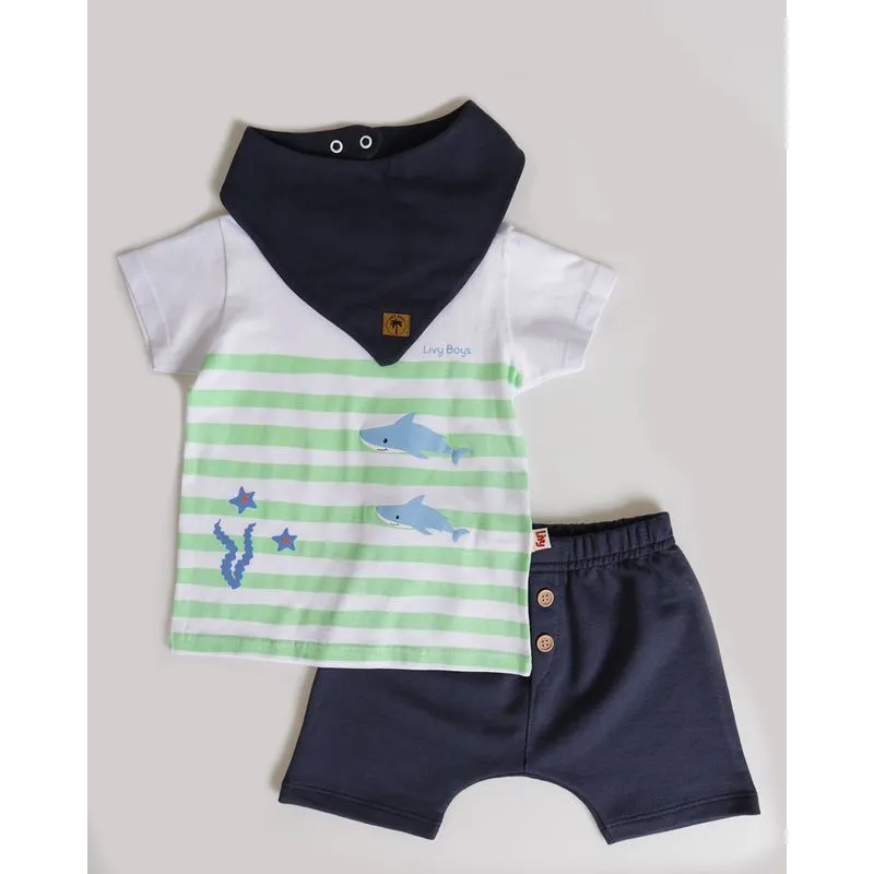 Conjunto Bebê Com Babador Estampa Tubarão Azul Marinho P