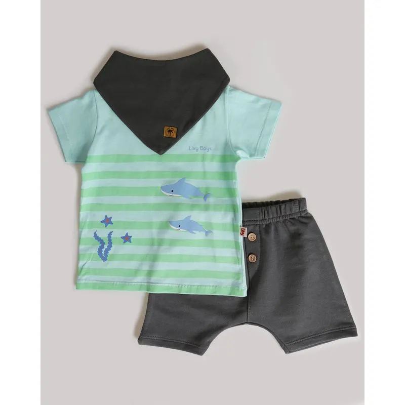 Conjunto Bebê Com Babador Estampa Tubarão Cinza P