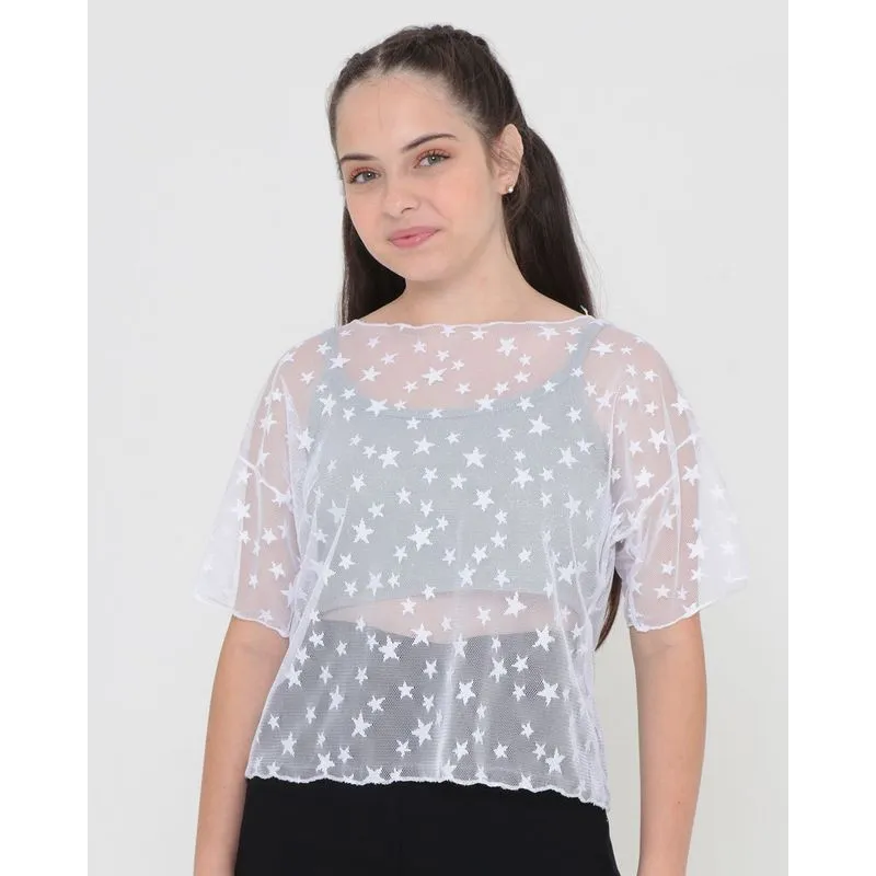 Blusa Juvenil Top Com Tule Estrelas Branca 12