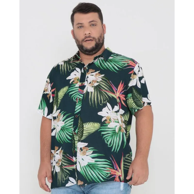 Camisa Masculina Plus Size Estampada Floral Verde G3