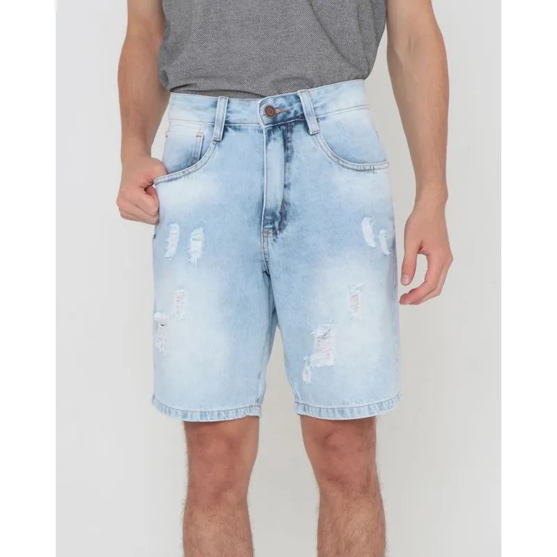 Bermuda Jeans Masculina Destroyed Azul Claro 42