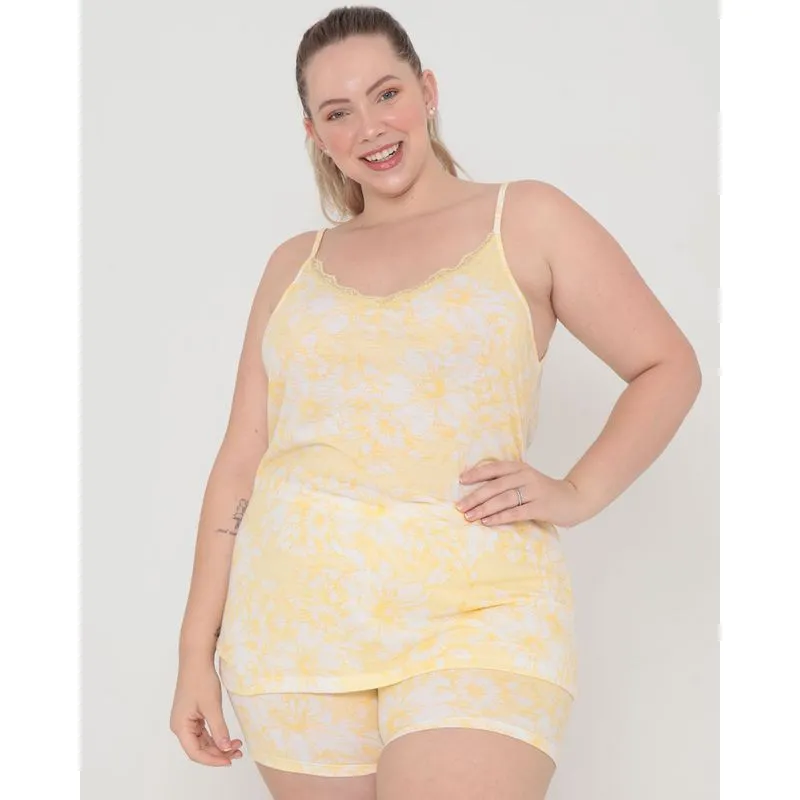 Short Doll Feminino Plus Size Estampa Floral Amarelo 50