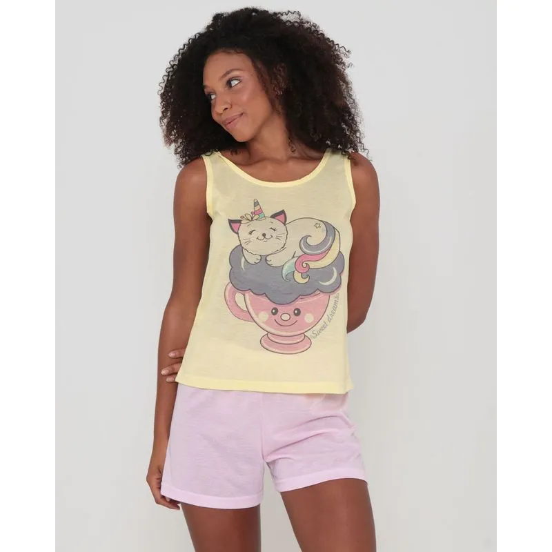 Pijama Curto Estampa Silk-Screen Amarelo Claro P