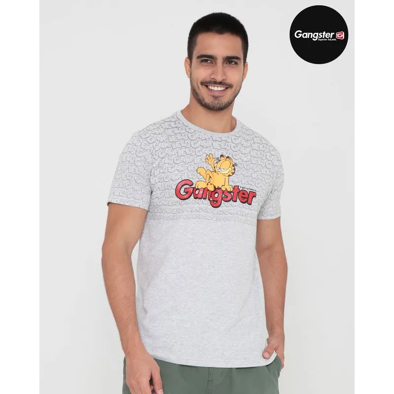 Camiseta Manga Curta Estampa Garfield Gangster Cinza P