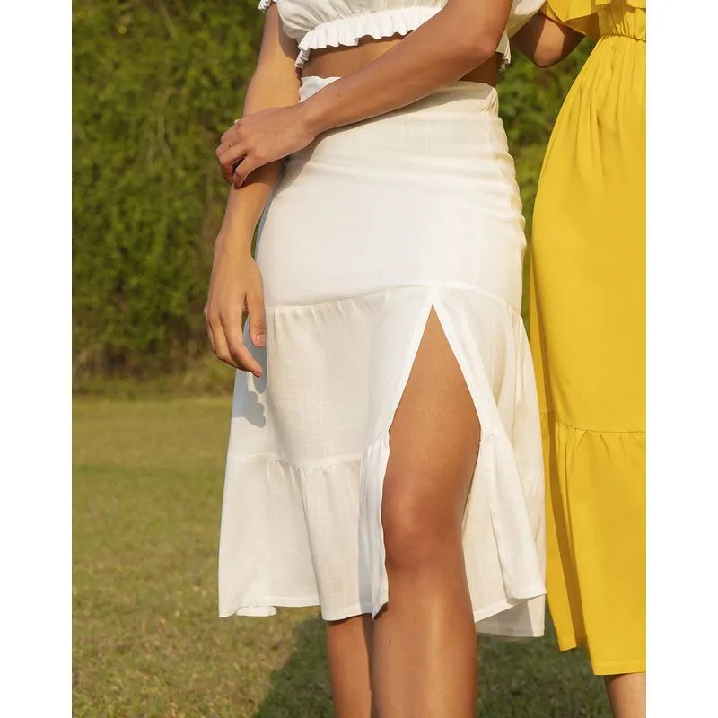 Saia Midi Cintura Alta Babados Rayon Lisa Branca GG