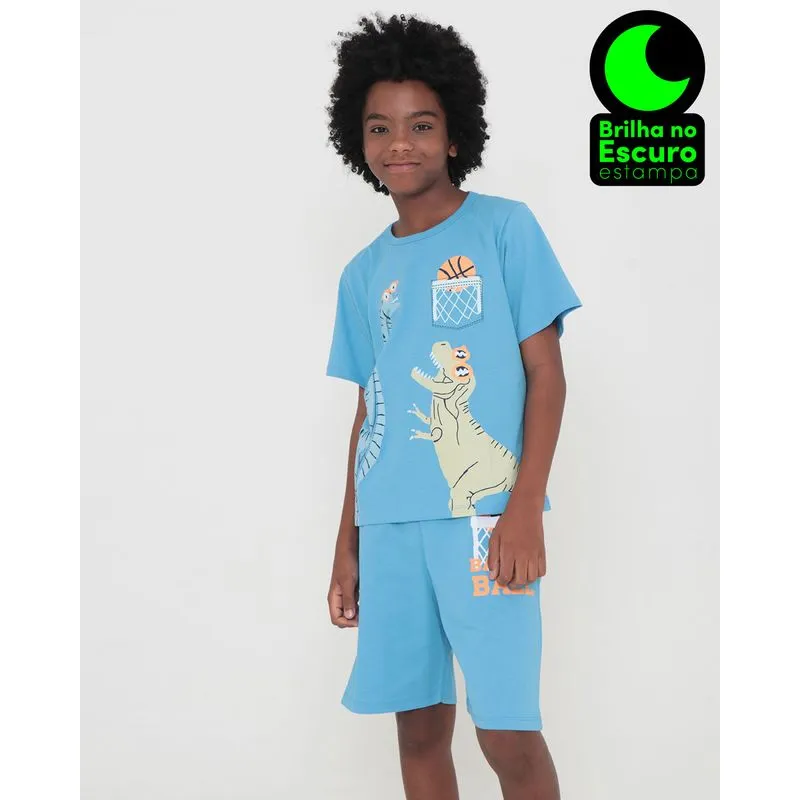 Pijama Juvenil Curto Estampa Dinossauro Azul Claro 14