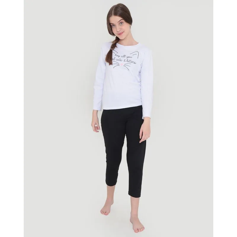 Pijama Juvenil Manga Longa Estampa Gatos Branco 16