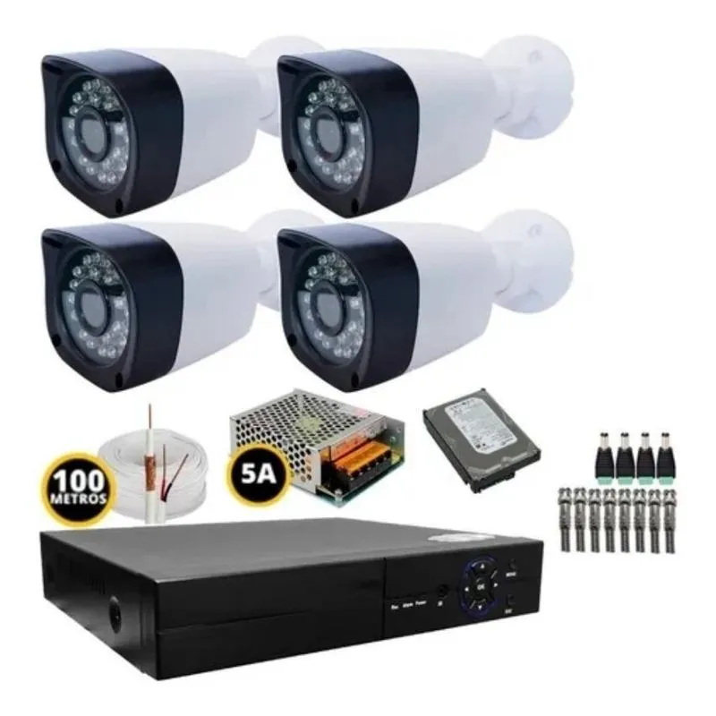 Kit Cftv 4 Câmeras Segurança Completo 720p E Dvr 4ch + 500gb