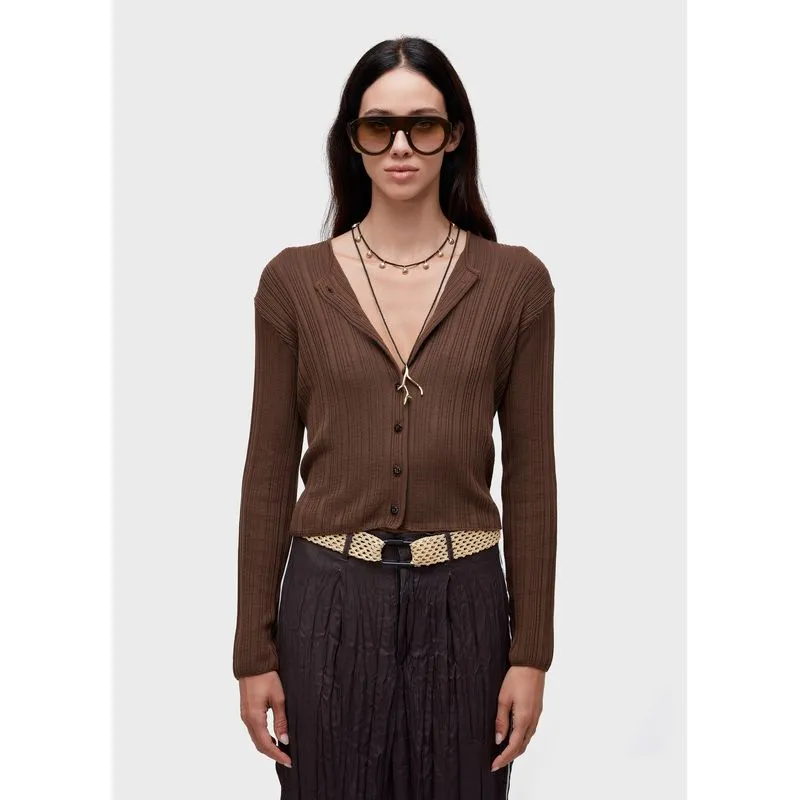 Cardigan tricot canelado irregular Cardigan fem tricot canelado irregular - marrom - P